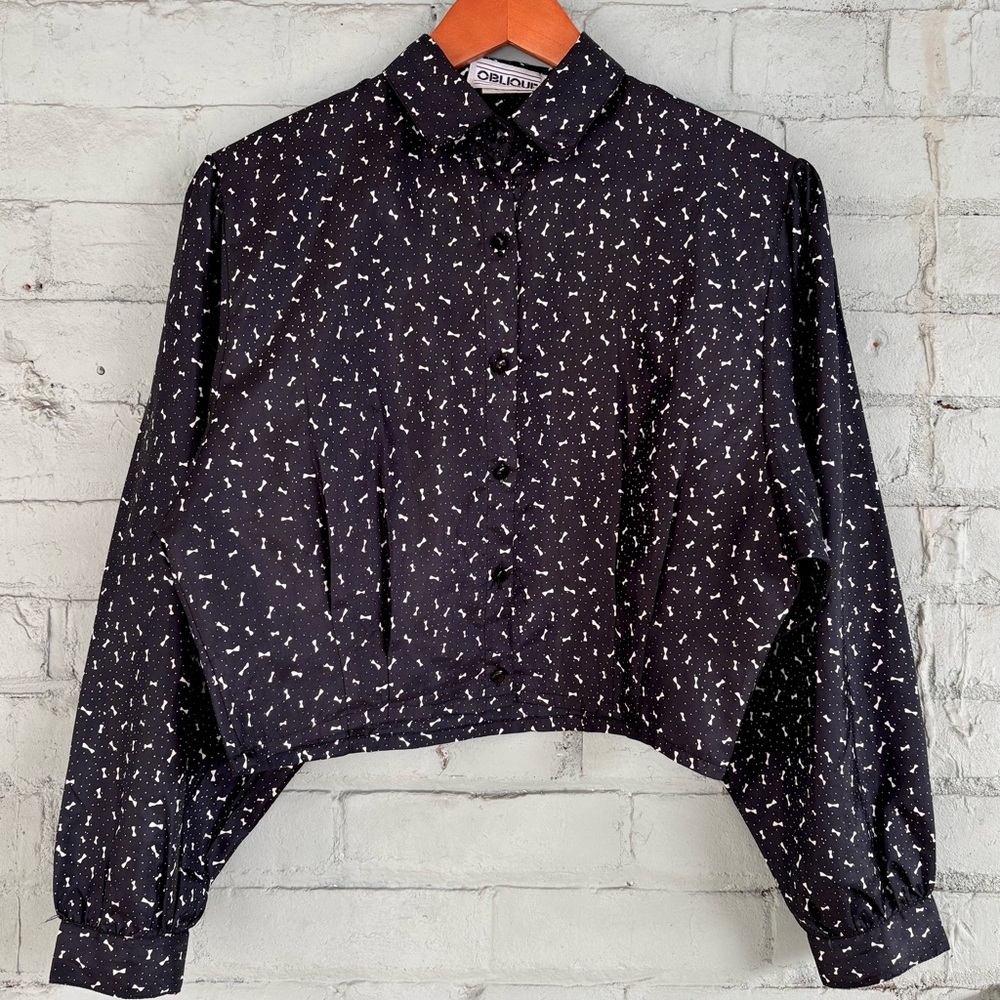 Vintage 80s Black and White Cropped Patterned Balloon Sleeve Blouse